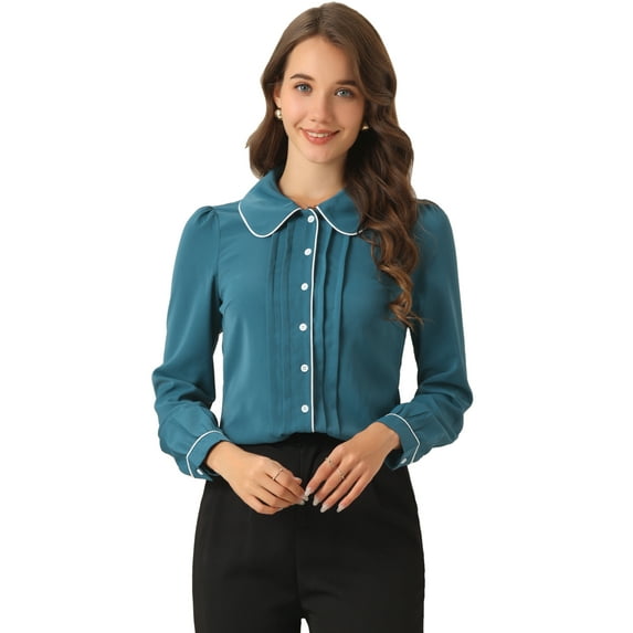 DARING DIVA Women's Peter Pan Collar Shirt Puff Sleeve Blouse Tops S Blue