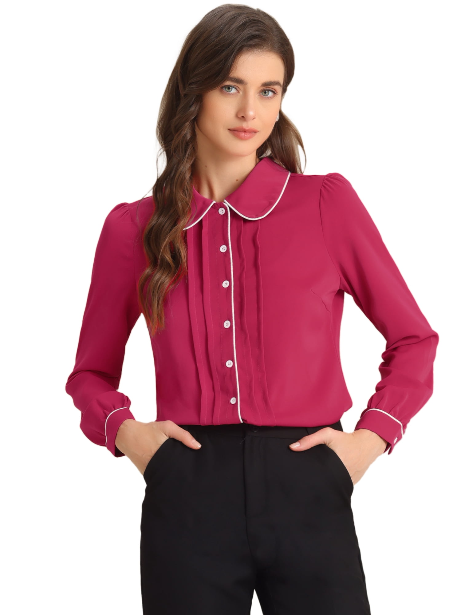 DARING DIVA Women's Peter Pan Collar Shirt Puff Sleeve Blouse Tops S Fushcia