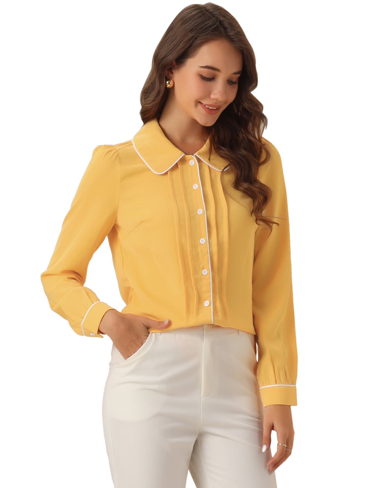 DARING DIVA Women's Peter Pan Collar Shirt Puff Sleeve Blouse Tops S Yellow