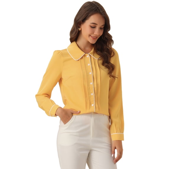DARING DIVA Women's Peter Pan Collar Shirt Puff Sleeve Blouse Tops XL Yellow