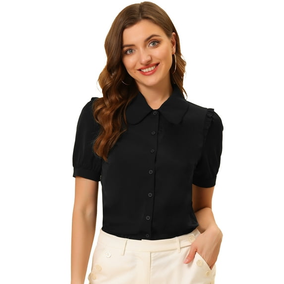 DARING DIVA Women's Peter Pan Collar Short Sleeve Button Front Shirts L Black