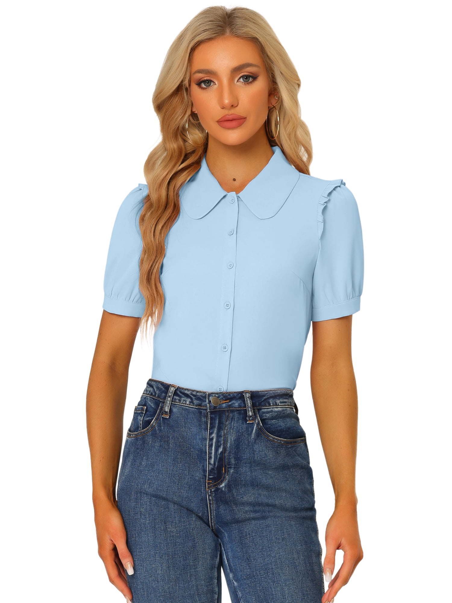 DARING DIVA Women's Peter Pan Collar Short Sleeve Button Front Shirts L Light Blue