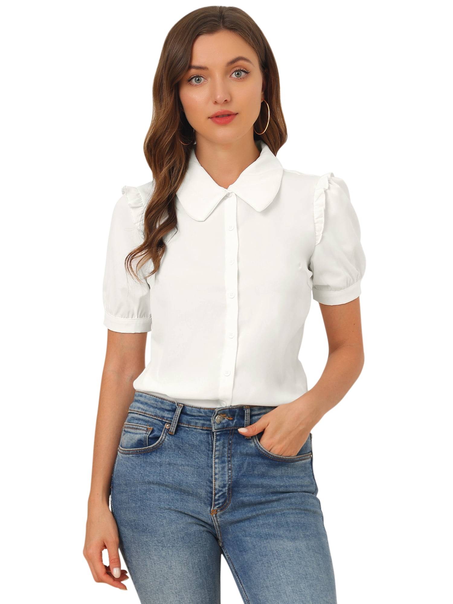 DARING DIVA Women's Peter Pan Collar Short Sleeve Button Front Shirts L White