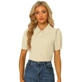 thumbnail image 1 of DARING DIVA Women's Peter Pan Collar Short Sleeve Button Front Shirts M Light Khaki, 1 of 6