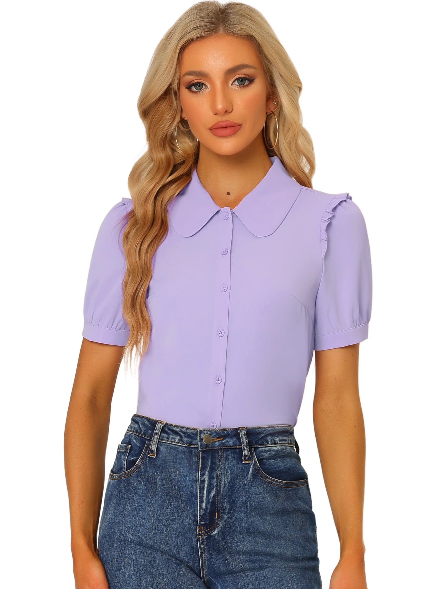 DARING DIVA Women's Peter Pan Collar Short Sleeve Button Front Shirts M Purple