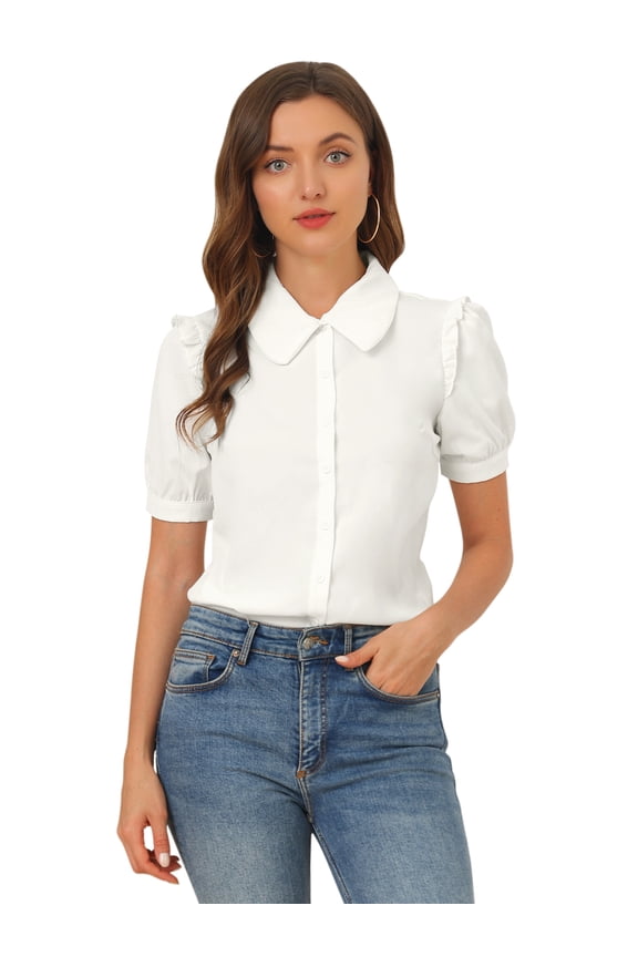 Women's Peter Pan Collar Short Sleeve Button Front Shirts S White