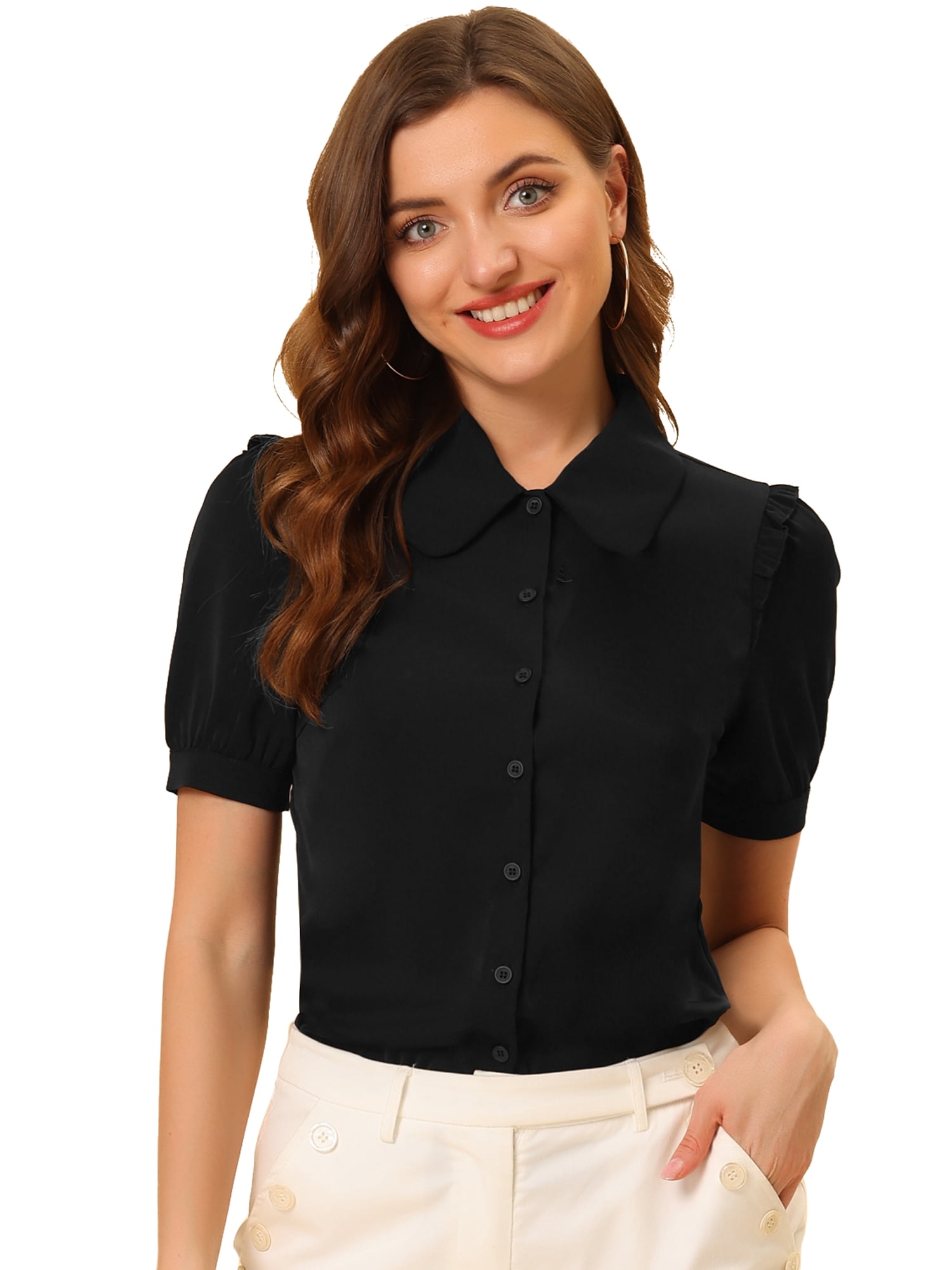 DARING DIVA Women's Peter Pan Collar Short Sleeve Button Front Shirts XS Black