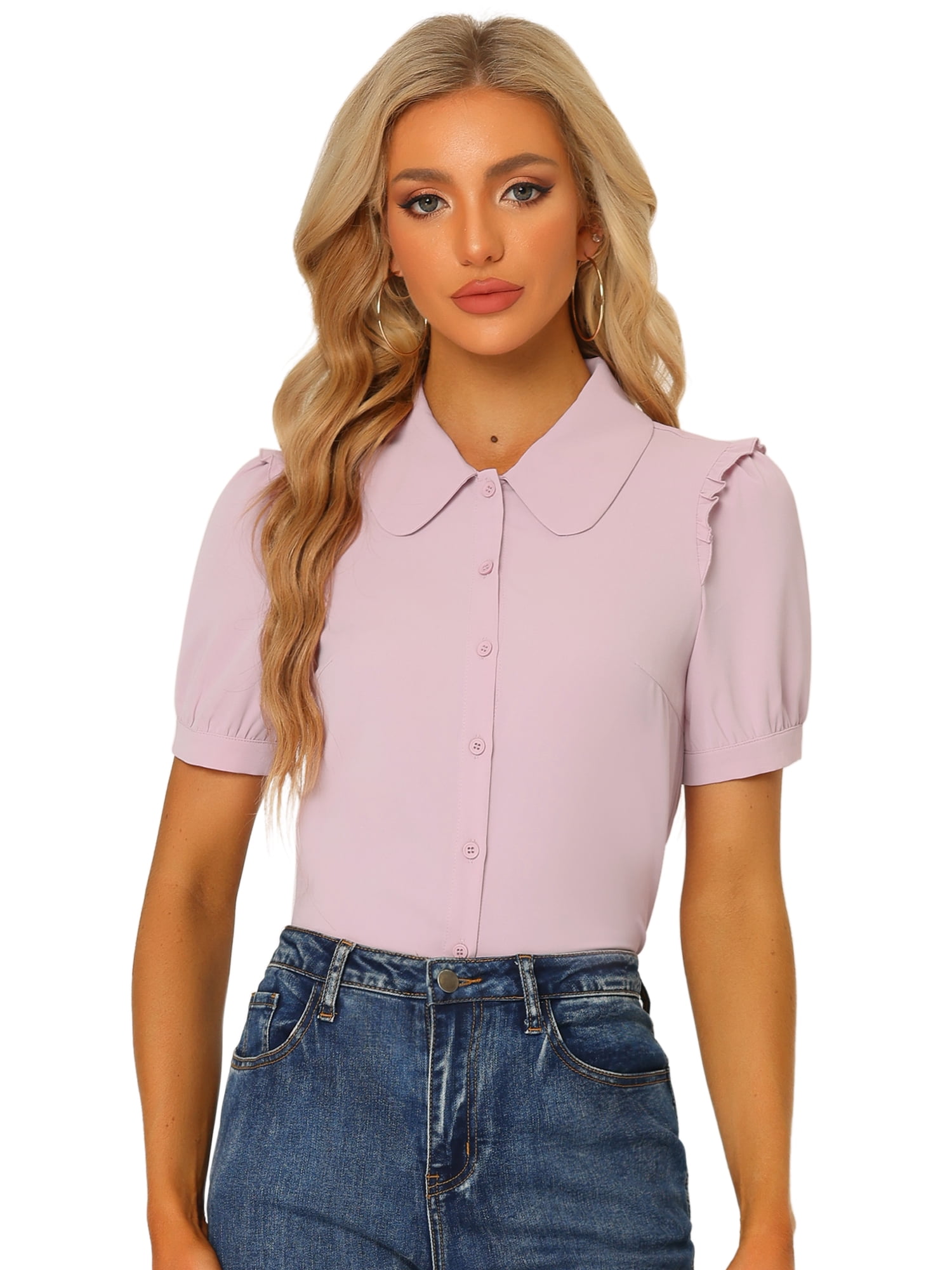 DARING DIVA Women's Peter Pan Collar Short Sleeve Button Front Shirts XS Pink