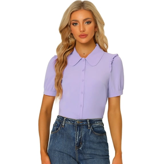DARING DIVA Women's Peter Pan Collar Short Sleeve Button Front Shirts XS Purple