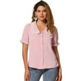 thumbnail image 1 of DARING DIVA Women's Peter Pan Collar Short Sleeve Button Up Blouses M Light Pink, 1 of 6
