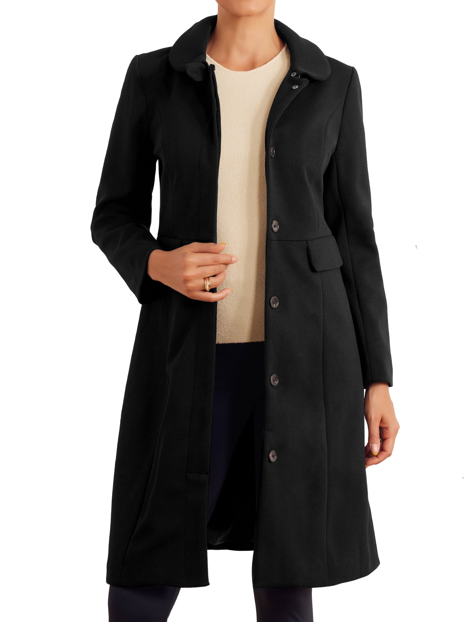 DARING DIVA Women's Winter Trench Peter Pan Collar Single Breasted Long Pea Coat M Black