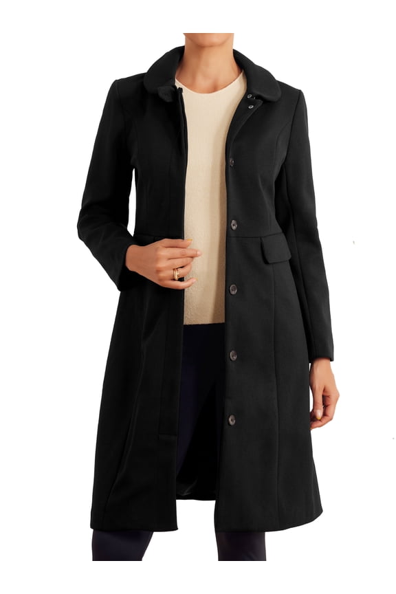 Women's Peter Pan Collar Single Breasted Long Pea Coat Black XS