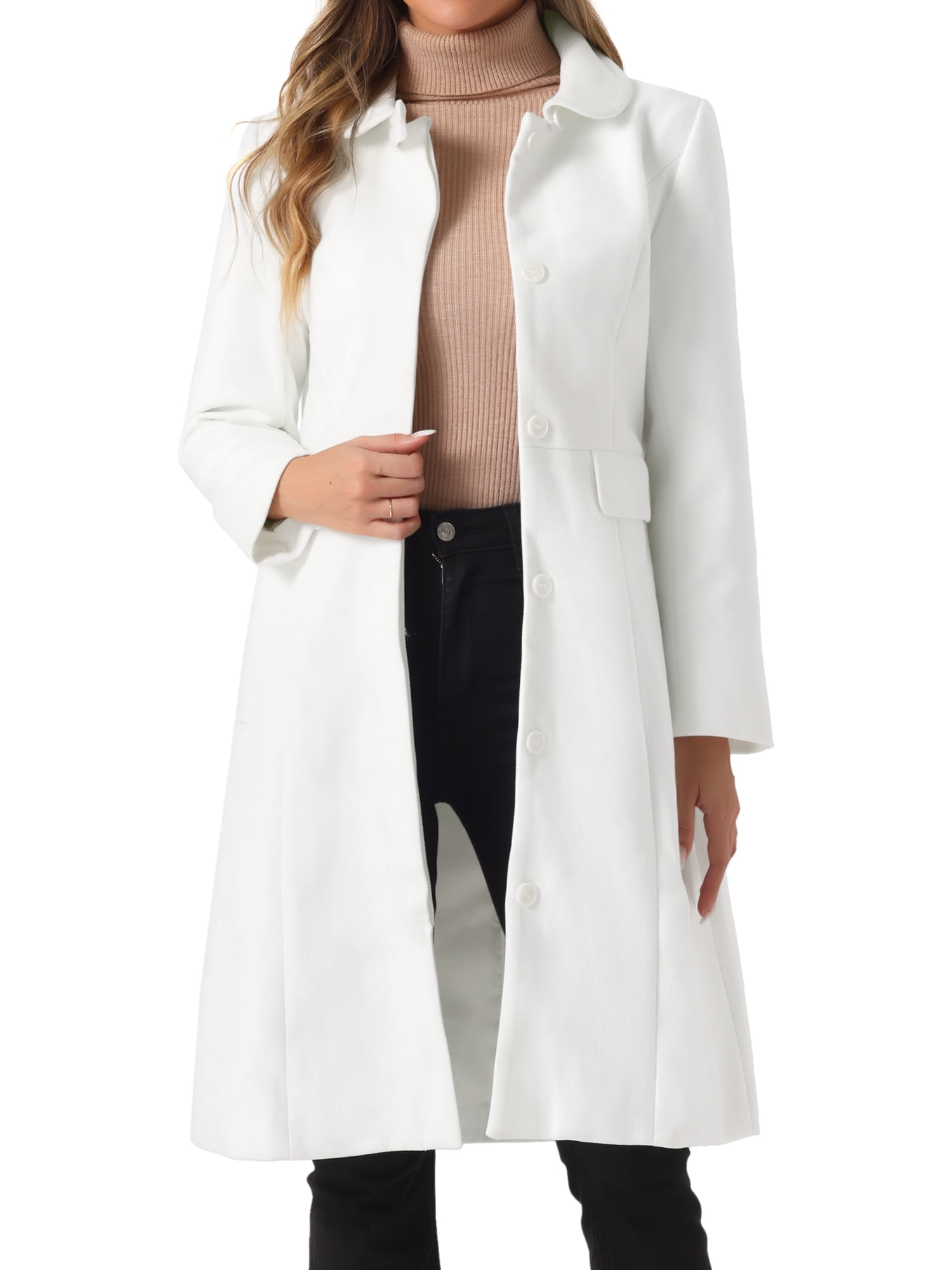 DARING DIVA Women's Winter Trench Peter Pan Collar Single Breasted Long Pea Coat S Cream White