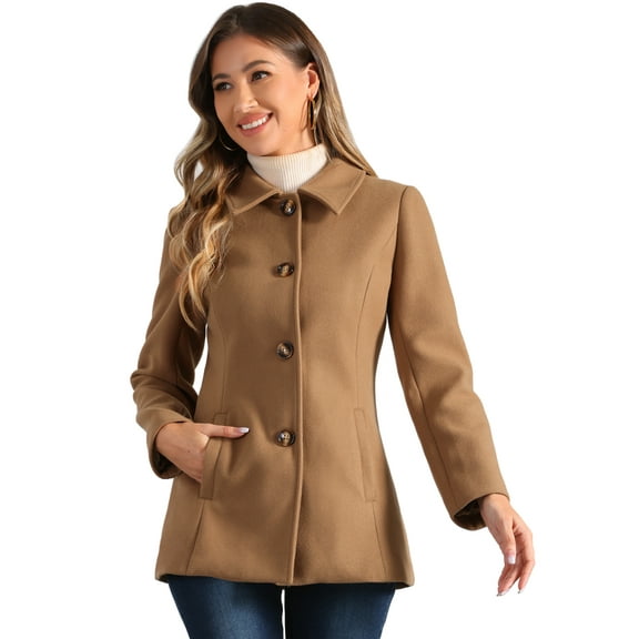 DARING DIVA Women's Peter Pan Collar Single Breasted Solid Overcoats Coat Camel M