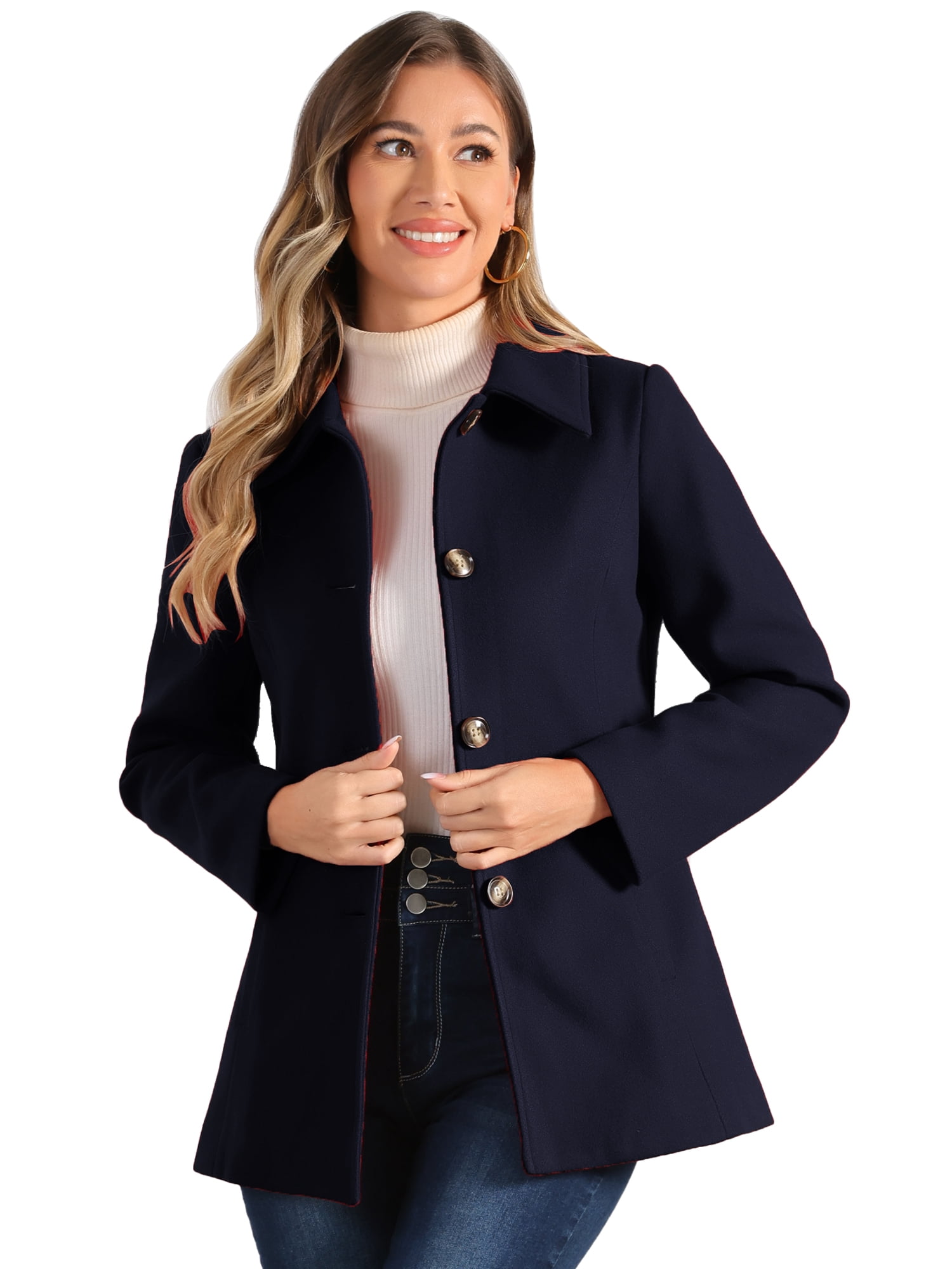 DARING DIVA Women's Peter Pan Collar Single Breasted Solid Overcoats Coat Navy Blue M