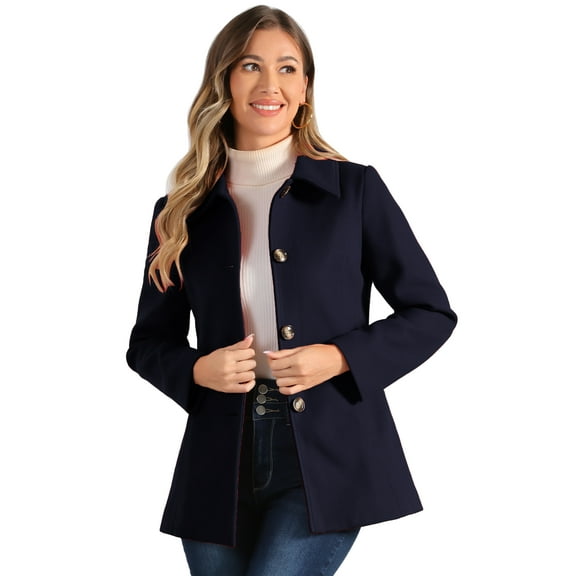 DARING DIVA Women's Peter Pan Collar Single Breasted Solid Overcoats Coat Navy Blue S