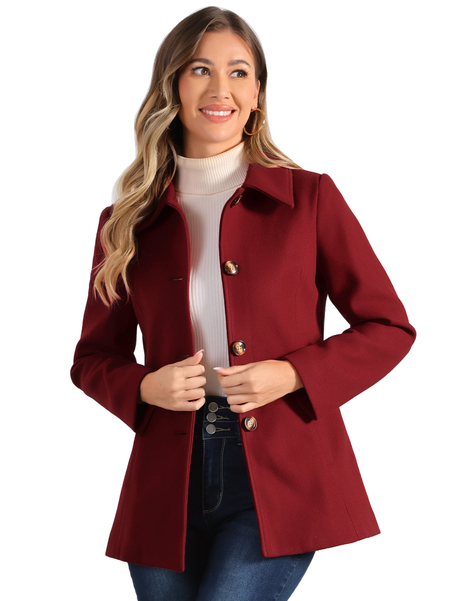 DARING DIVA Women's Peter Pan Collar Single Breasted Solid Overcoats Coat Red L