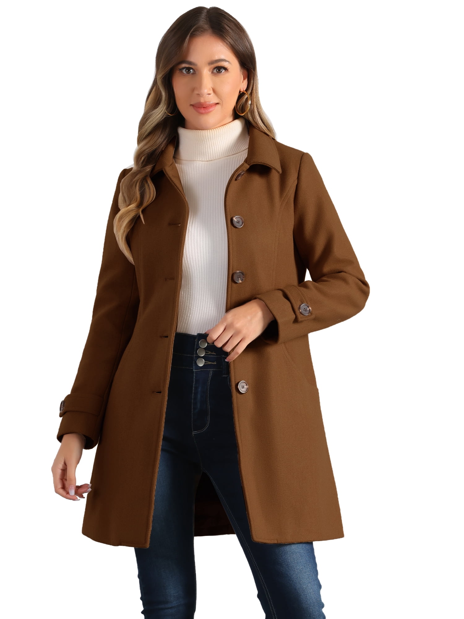 DARING DIVA Women's Peter Pan Collar Winter Outwear Trench Pea Coats Dark Brown XL