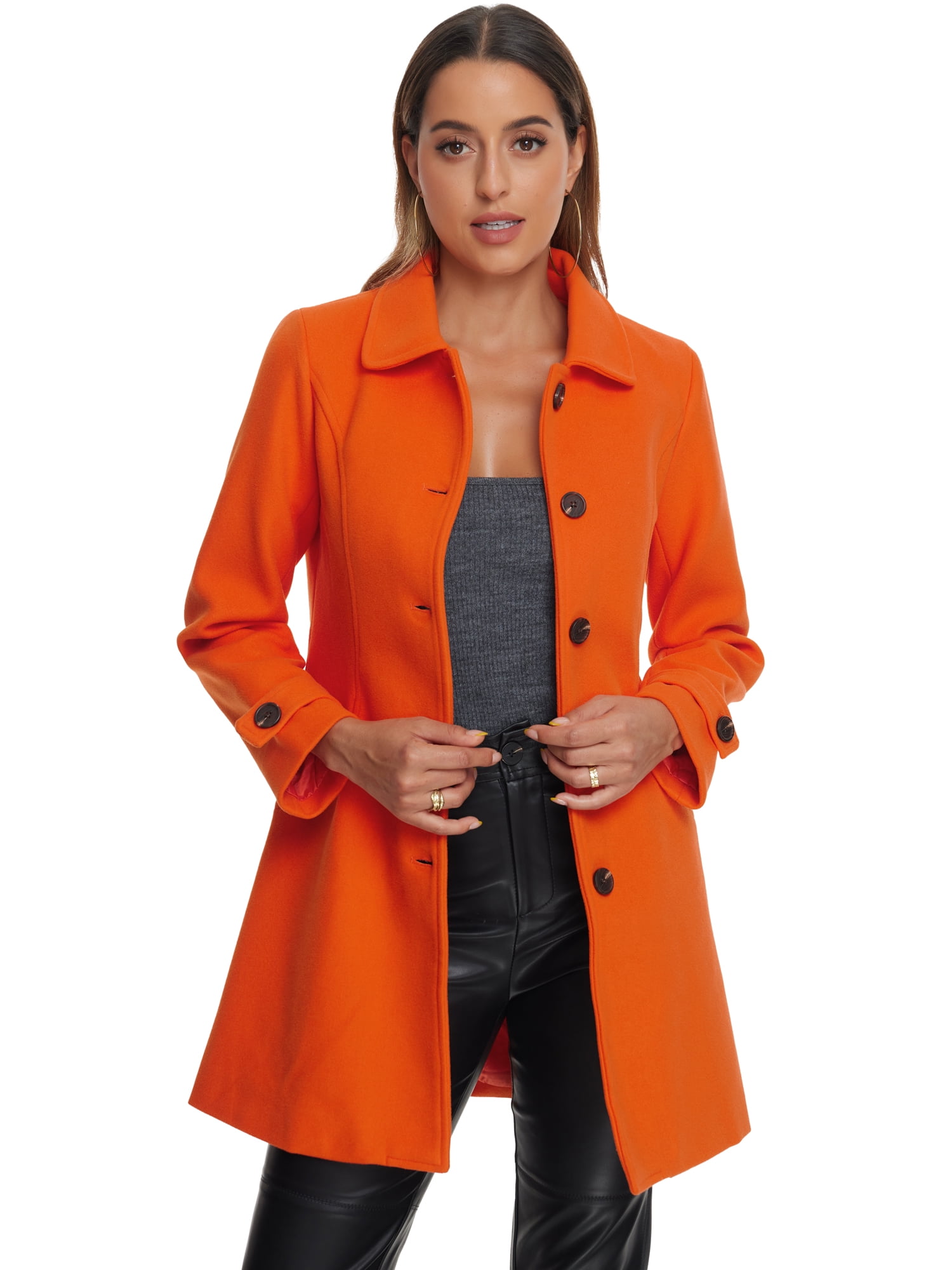 DARING DIVA Women's Peter Pan Collar Winter Outwear Trench Pea Coats Orange S