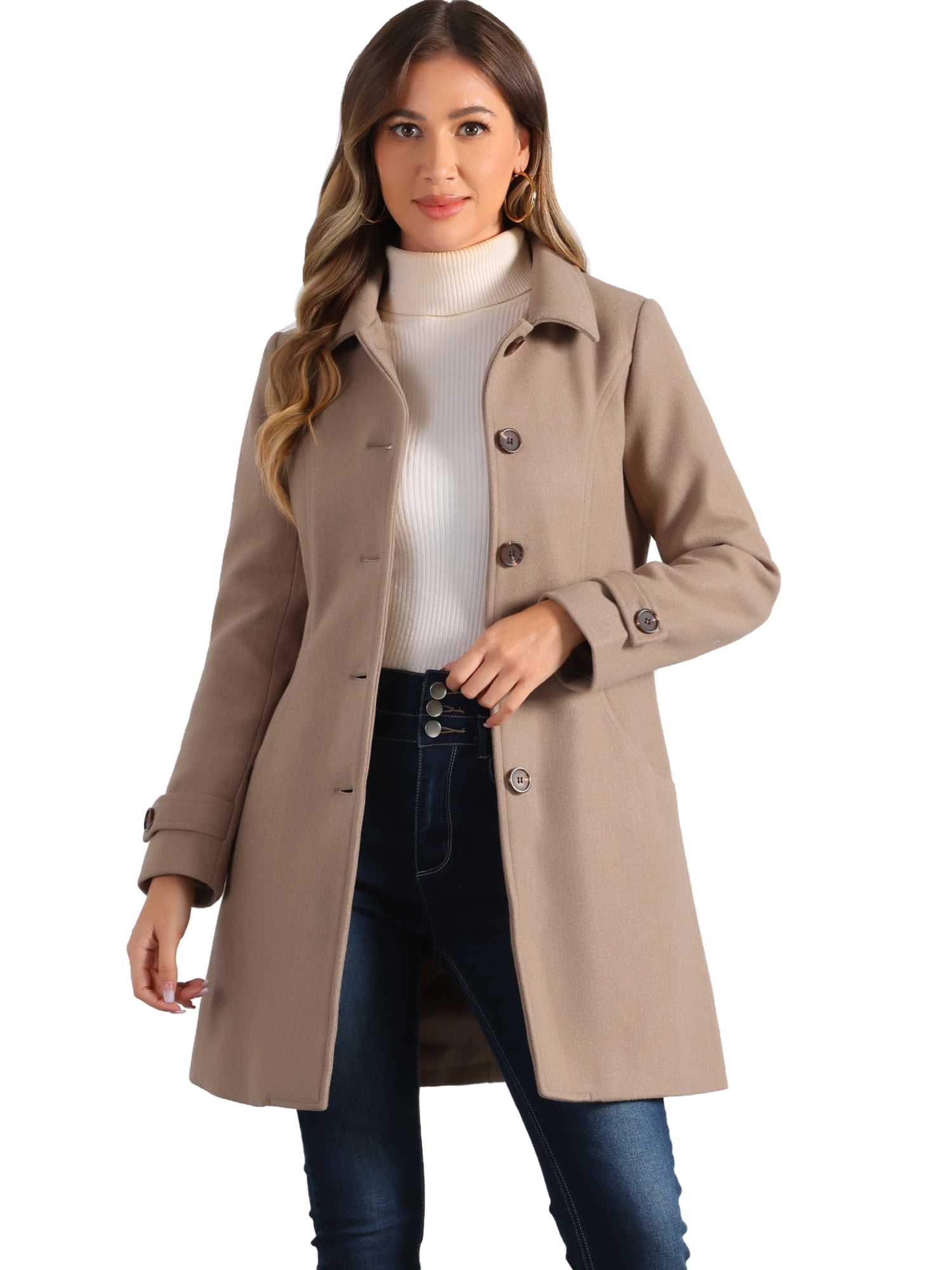 DARING DIVA Women's Peter Pan Collar Winter Outwear Trench Pea Coats Taupe khaki XS