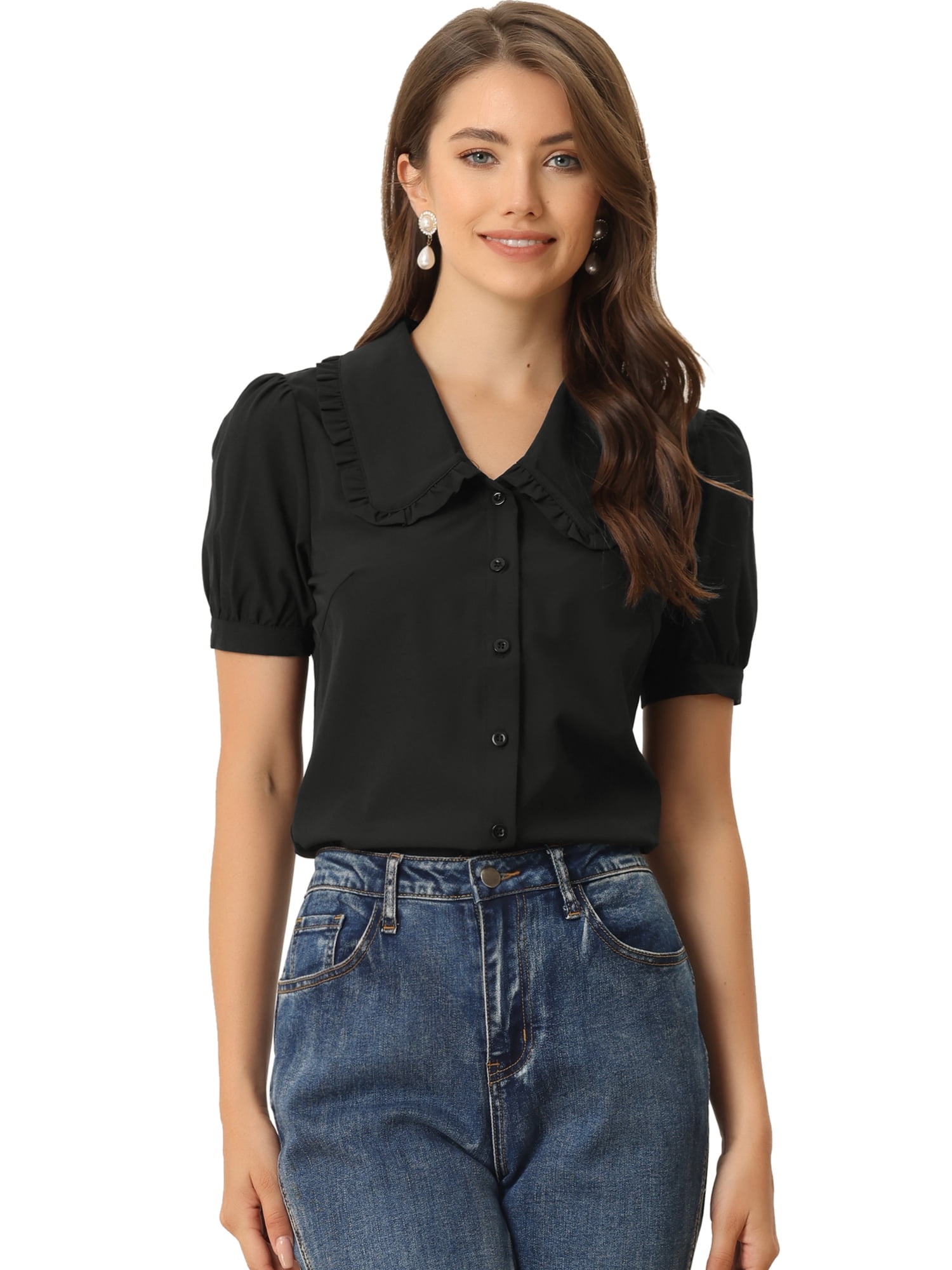 DARING DIVA Women's Peter Pan Collared Puff Short Sleeve Retro Blouse 2XL Black