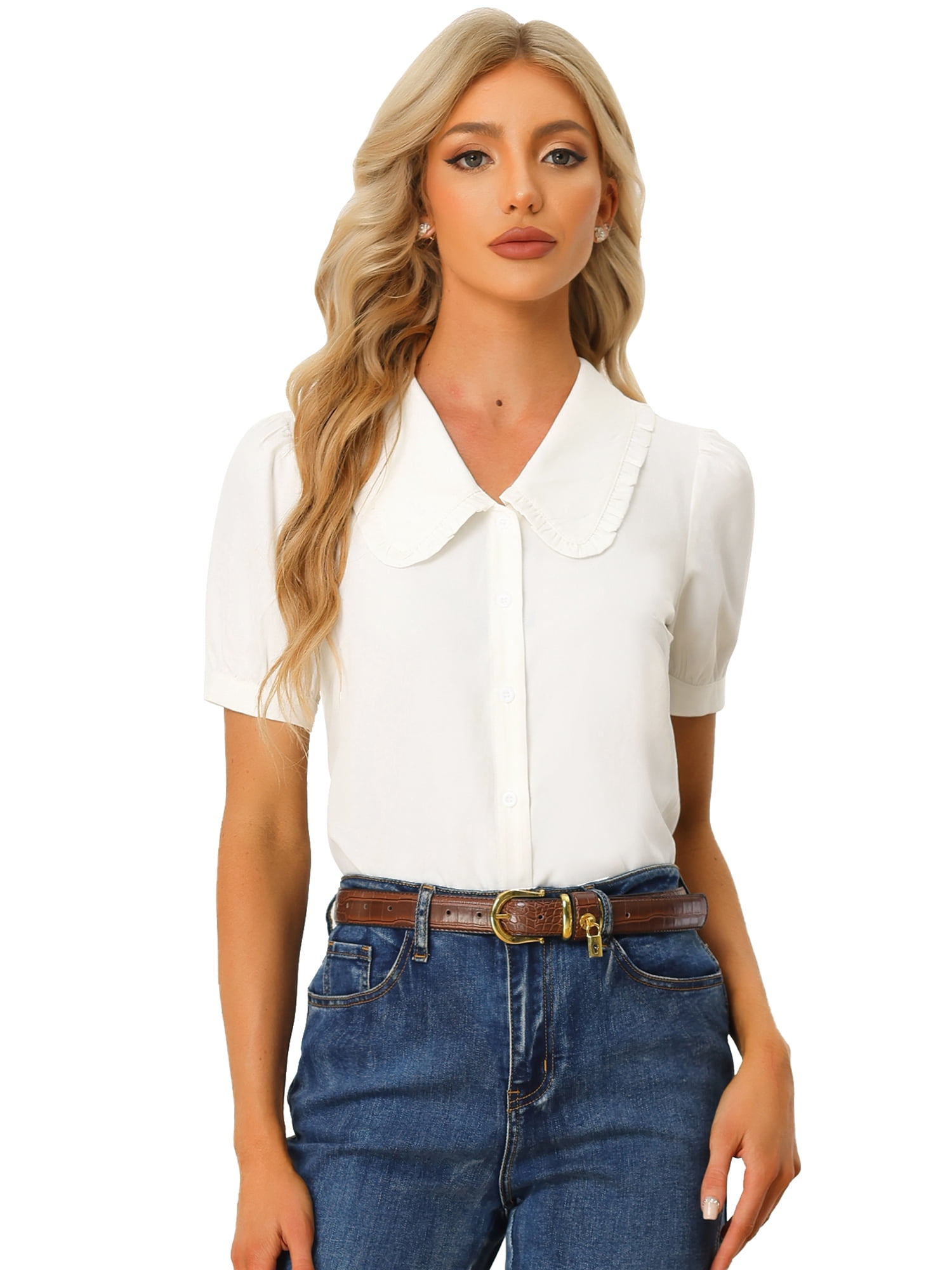 DARING DIVA Women's Peter Pan Collared Puff Short Sleeve Retro Blouse XL Cream White