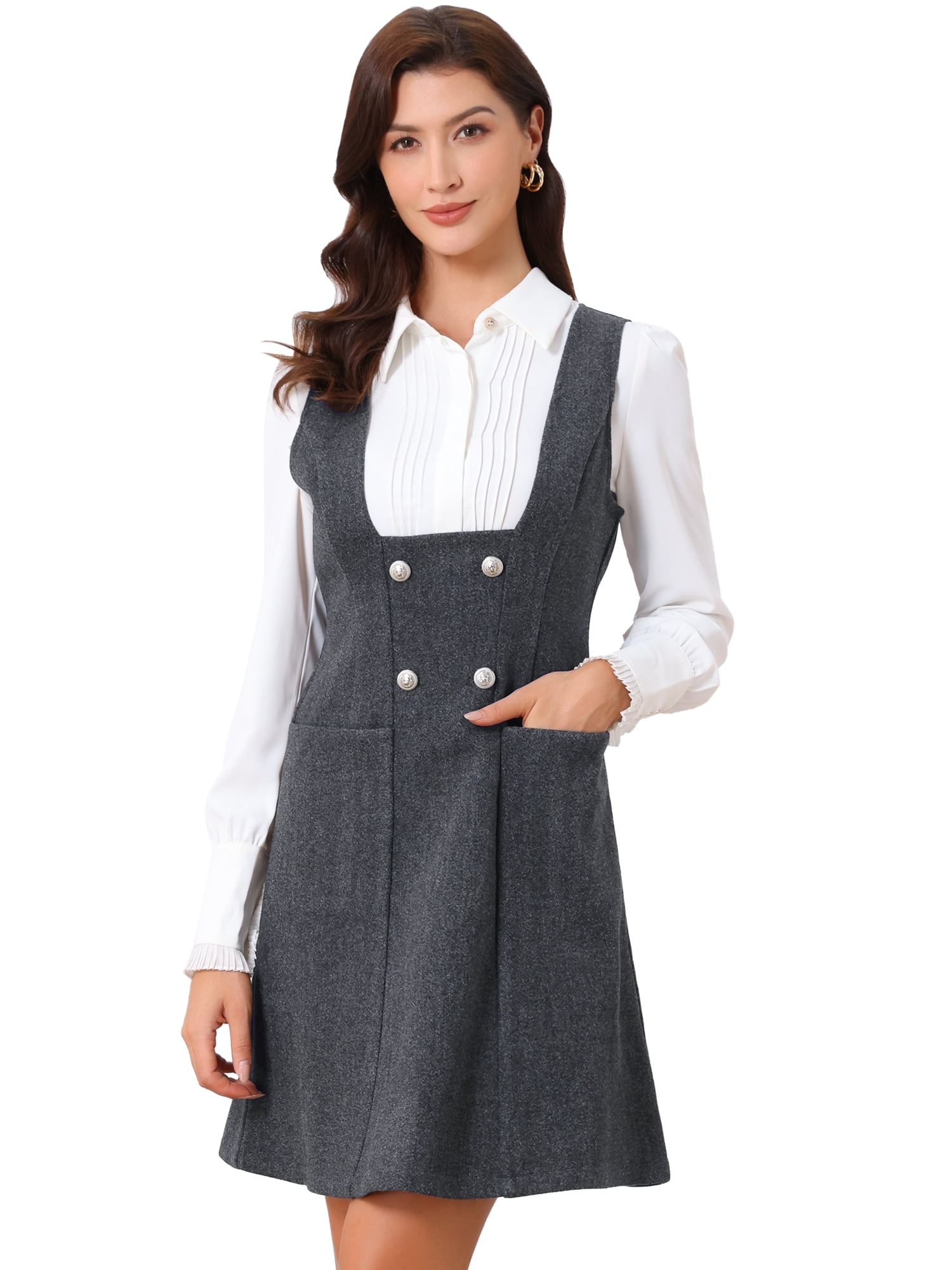 DARING DIVA Women's Pinafore A-Line Double Breasted Overalls Suspenders M Dark Grey