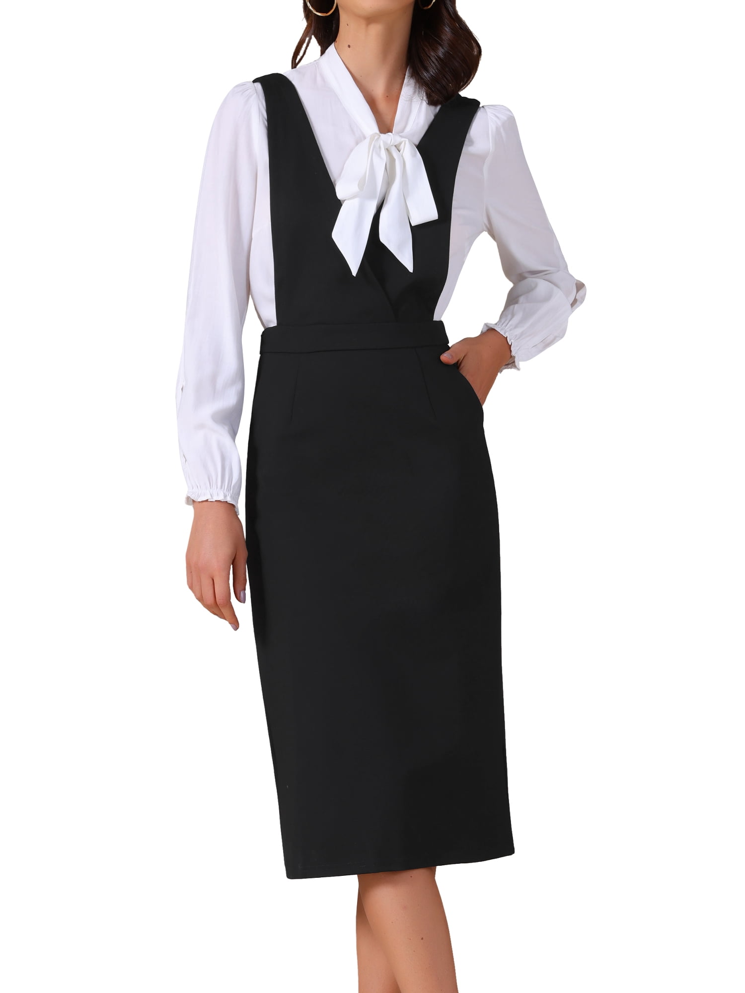 DARING DIVA Women's Pinafore Stretchy Sleeveless V Neck Jumper Dress XS Black