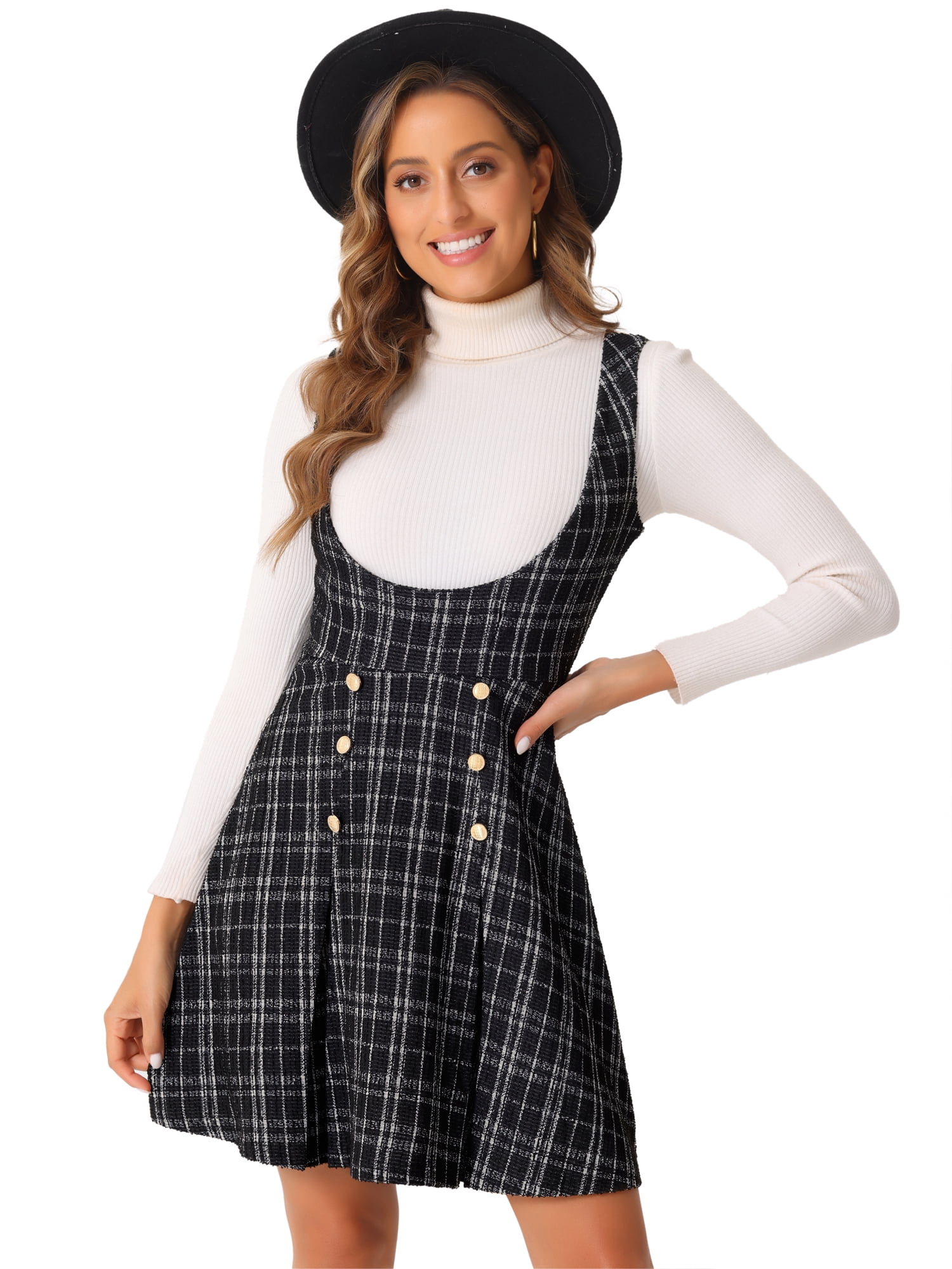 DARING DIVA Women's Pinafore U Neck Tweed Plaid Dress with Button Decor L Black
