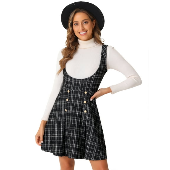 DARING DIVA Women's Pinafore U Neck Tweed Plaid Dress with Button Decor L Black