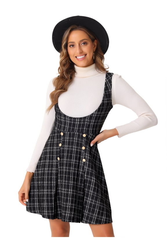 Women's Pinafore U Neck Tweed Plaid Dress with Button Decor L Black