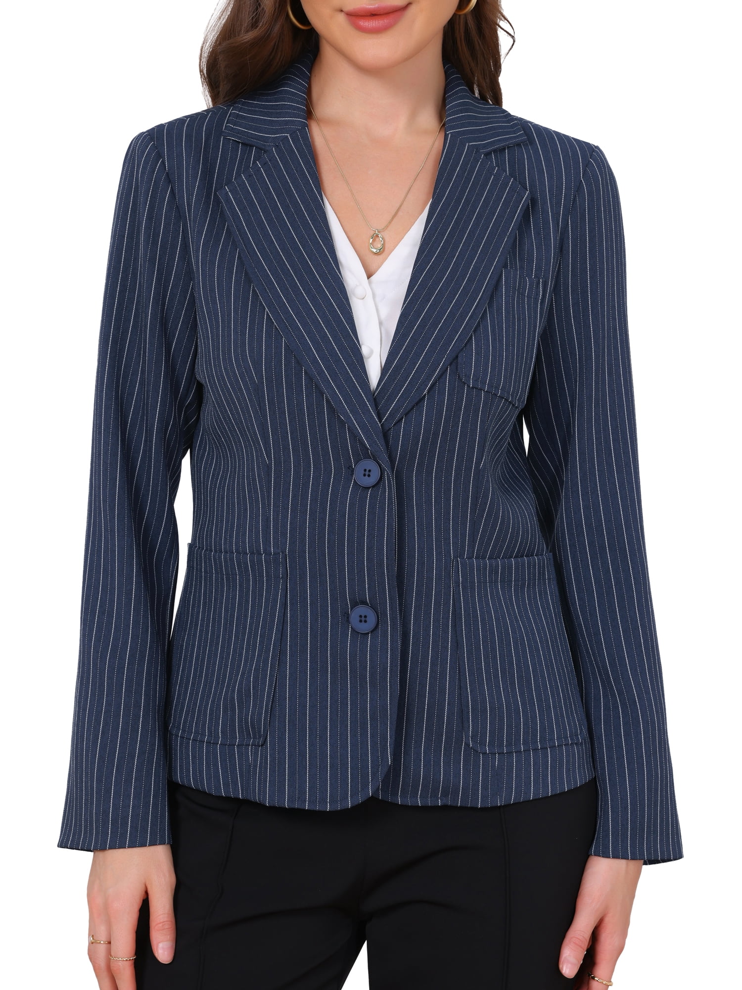 DARING DIVA Women's Pinstripe Blazers Notched Lapel Long Sleeve Jacket M Navy Blue Stripes