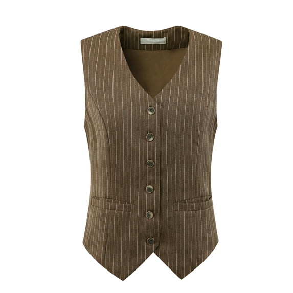 DARING DIVA Women's Pinstripe Waistcoat Button Down Vintage Striped Vest L Brown