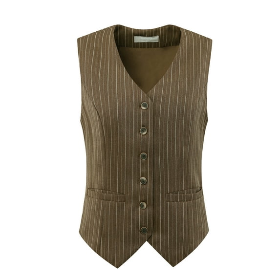 DARING DIVA Women's Pinstripe Waistcoat Button Down Vintage Striped Vest S Brown