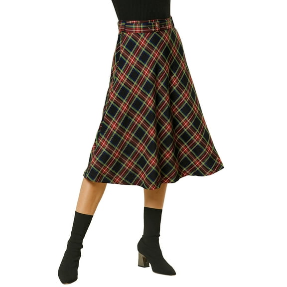 DARING DIVA Women's Plaid Belted Vintage A-Line Midi Skirt 2XL Dark Blue