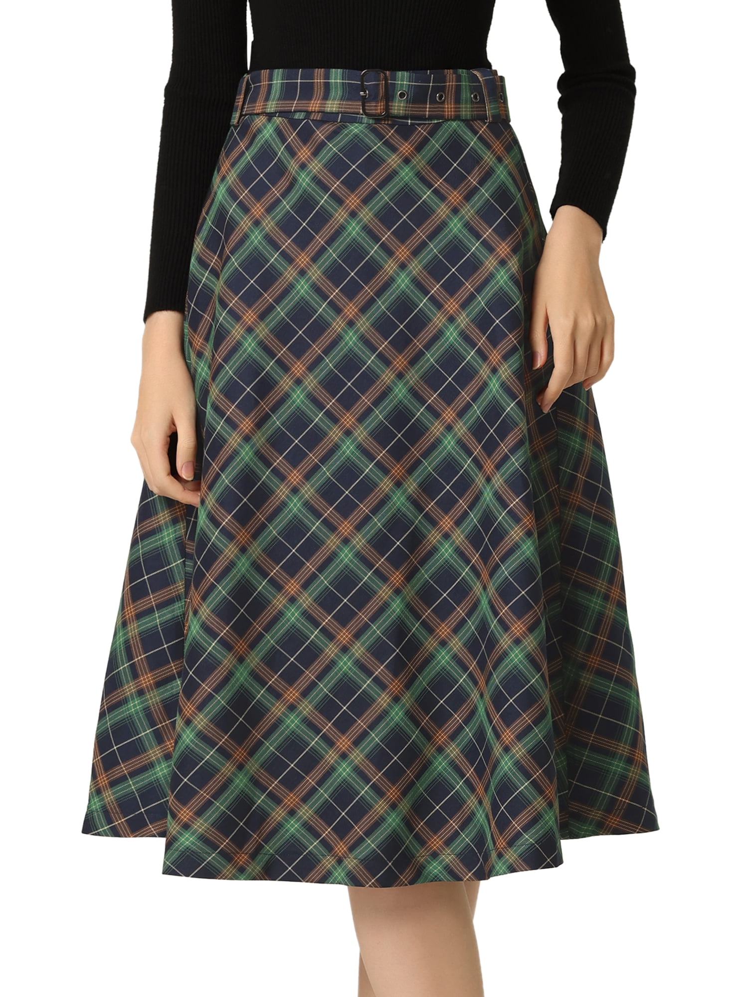 DARING DIVA Women's Plaid Belted Vintage A-Line Midi Skirt 3XL Blue Green