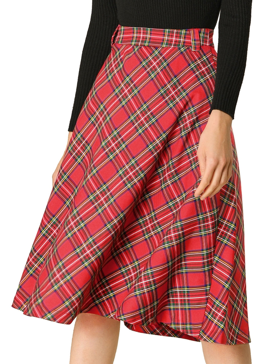 DARING DIVA Women's Plaid Belted Vintage A-Line Midi Skirt 3XL Red
