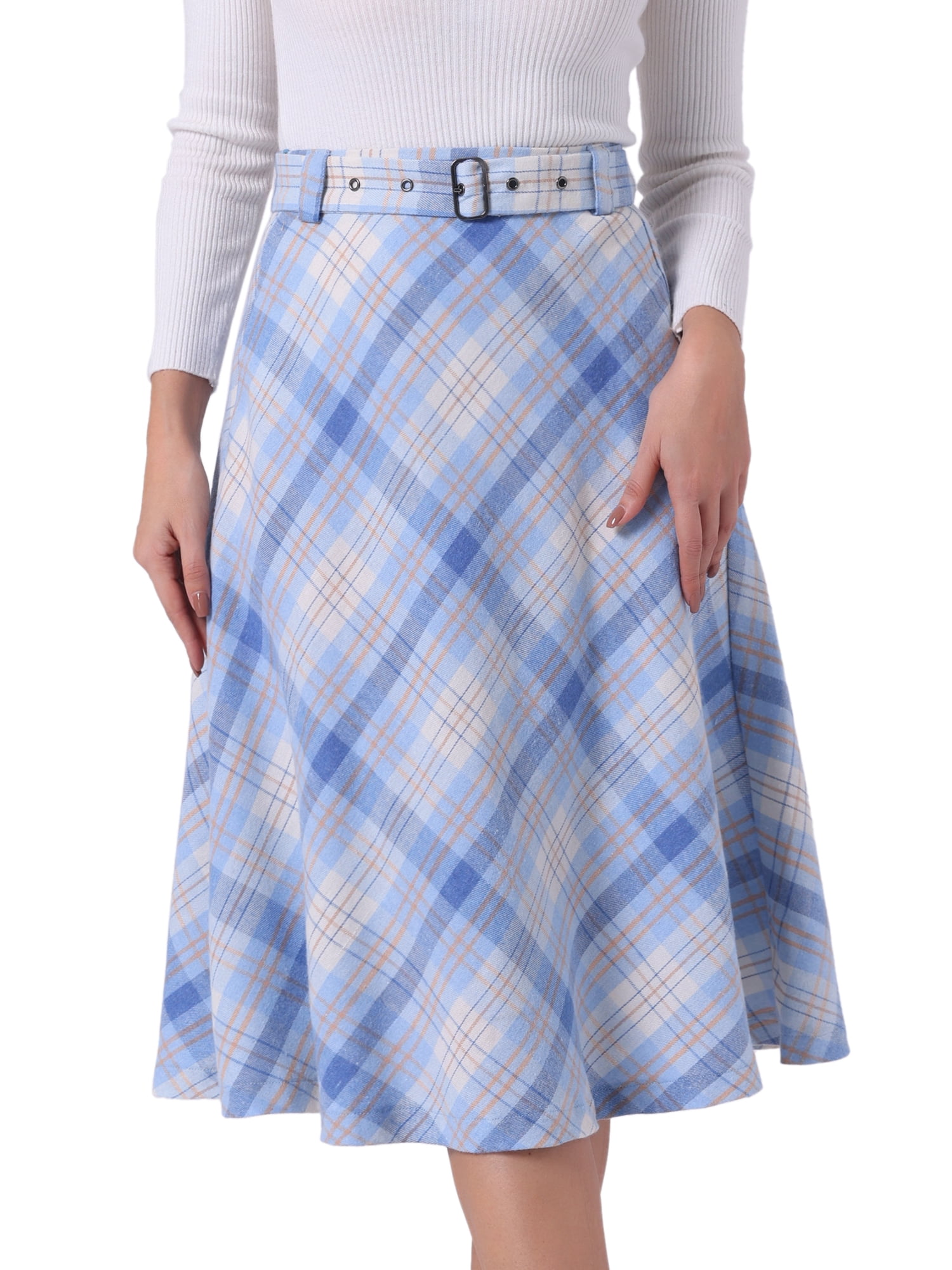 DARING DIVA Women's Plaid Belted Vintage A-Line Midi Skirt L Light Blue