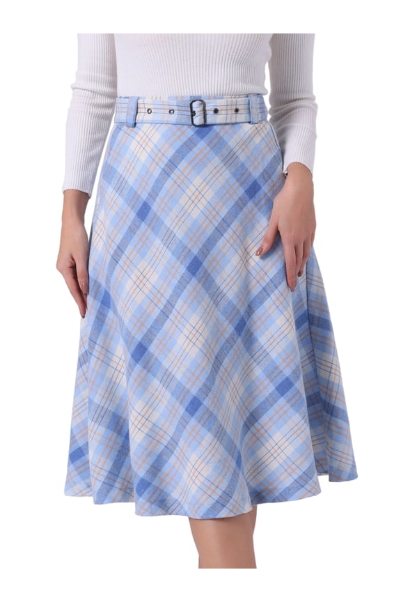 Women's Plaid Belted Vintage A-Line Midi Skirt L Light Blue