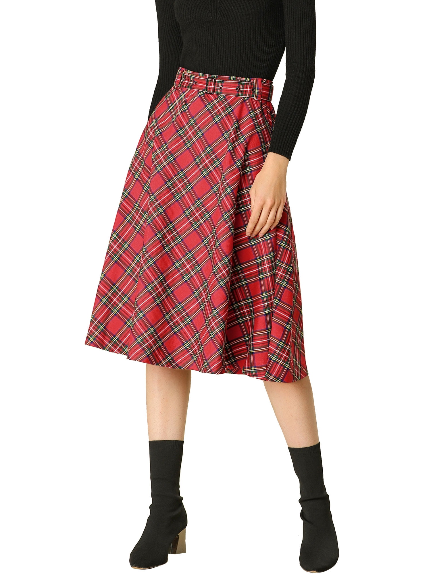 DARING DIVA Women's Plaid Belted Vintage A-Line Midi Skirt L Red