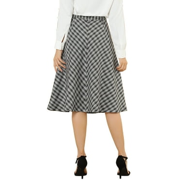 DARING DIVA Women's Plaid Belted Vintage A-Line Midi Skirt M Black White