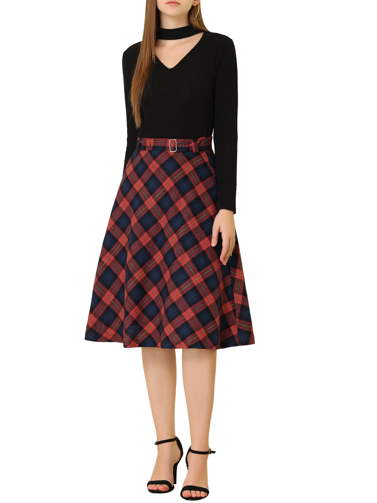 DARING DIVA Women's Plaid Belted Vintage A-Line Midi Skirt M Red Blue