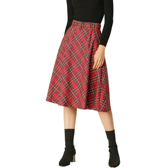 DARING DIVA Women's Plaid Belted Vintage A-Line Midi Skirt M Red