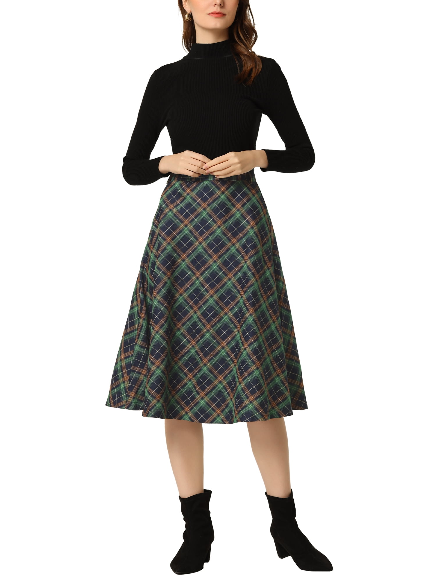 DARING DIVA Women's Plaid Belted Vintage A-Line Midi Skirt S Blue Green