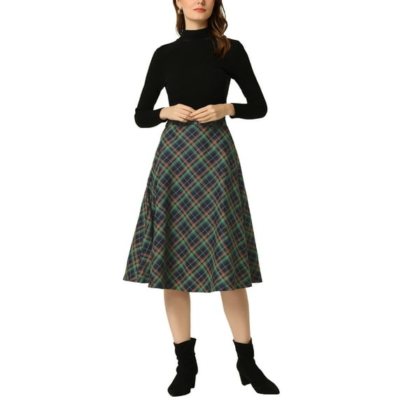 DARING DIVA Women's Plaid Belted Vintage A-Line Midi Skirt S Blue Green