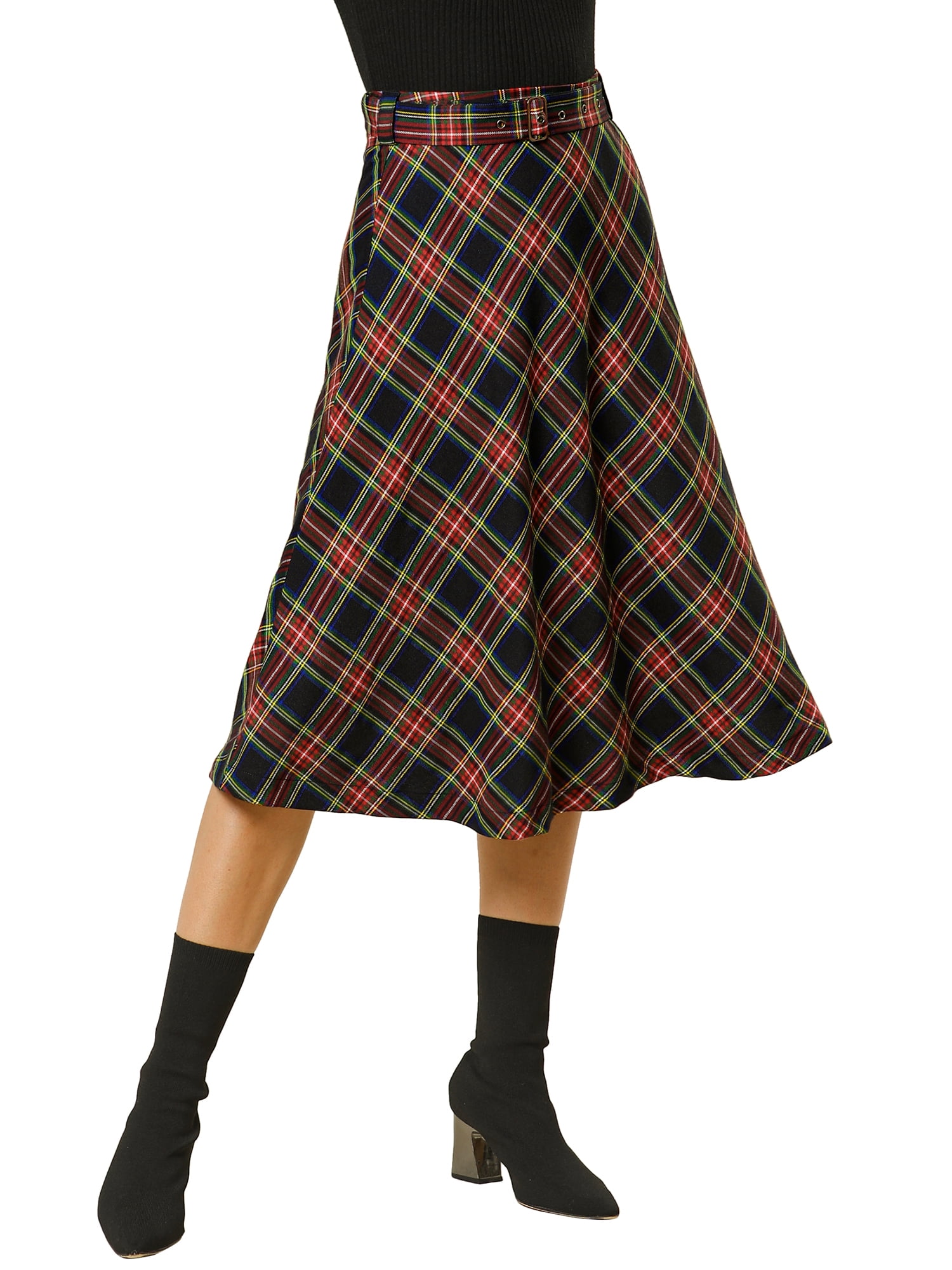 DARING DIVA Women's Plaid Belted Vintage A-Line Midi Skirt S Dark Blue
