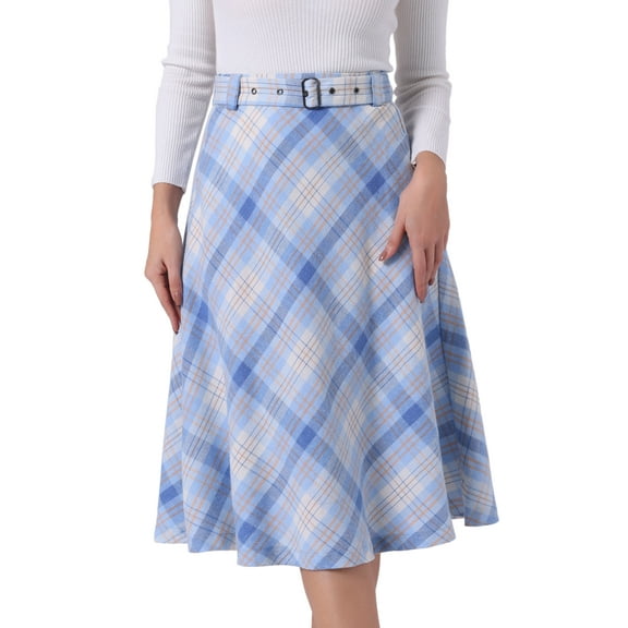 DARING DIVA Women's Plaid Belted Vintage A-Line Midi Skirt S Light Blue