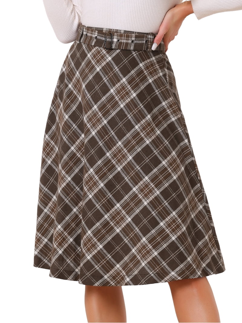 Daring Diva Women's Plaid Belted Vintage A-Line Midi Skirt XL Khaki