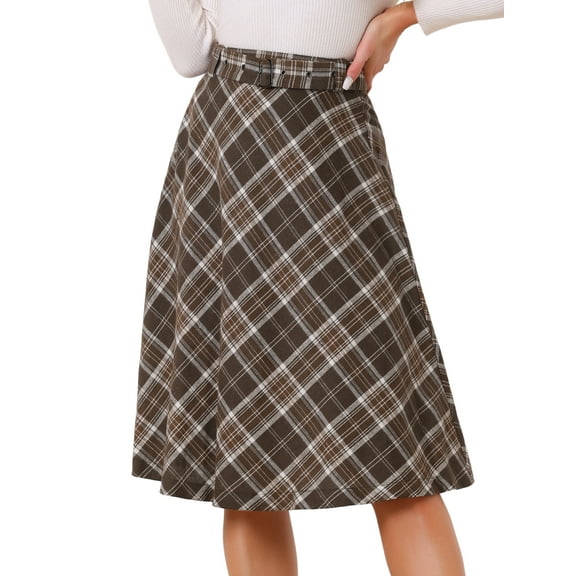 DARING DIVA Women's Plaid Belted Vintage A-Line Midi Skirt XL Khaki
