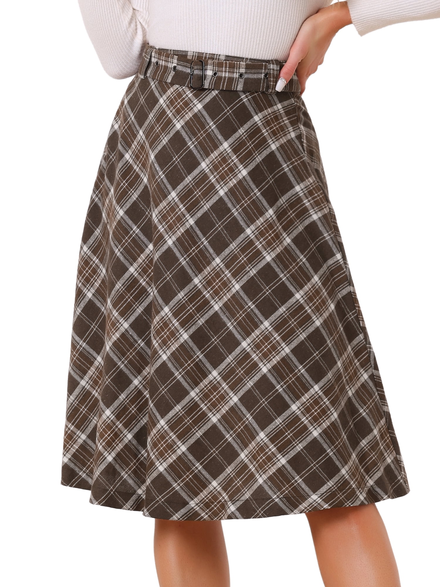 DARING DIVA Women's Plaid Belted Vintage A-Line Midi Skirt XS Khaki
